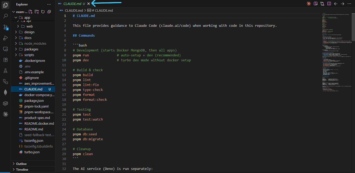 CLAUDE.md example for ExamPrep AI