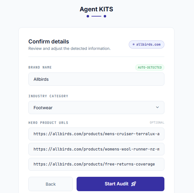 Agent KITS audit configuration screen