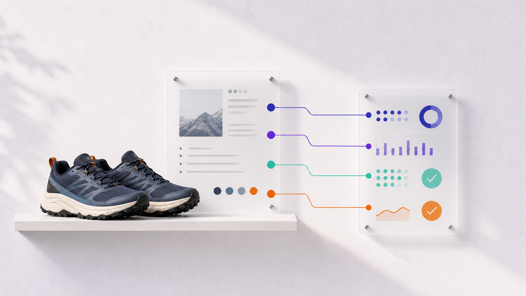Trail shoes beside a product audit panel with colored visibility signals